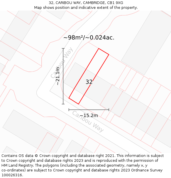 32, CARIBOU WAY, CAMBRIDGE, CB1 9XG: Plot and title map