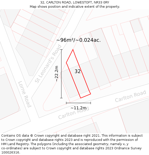 32, CARLTON ROAD, LOWESTOFT, NR33 0RY: Plot and title map