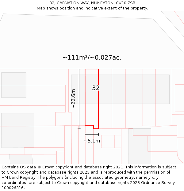 32, CARNATION WAY, NUNEATON, CV10 7SR: Plot and title map
