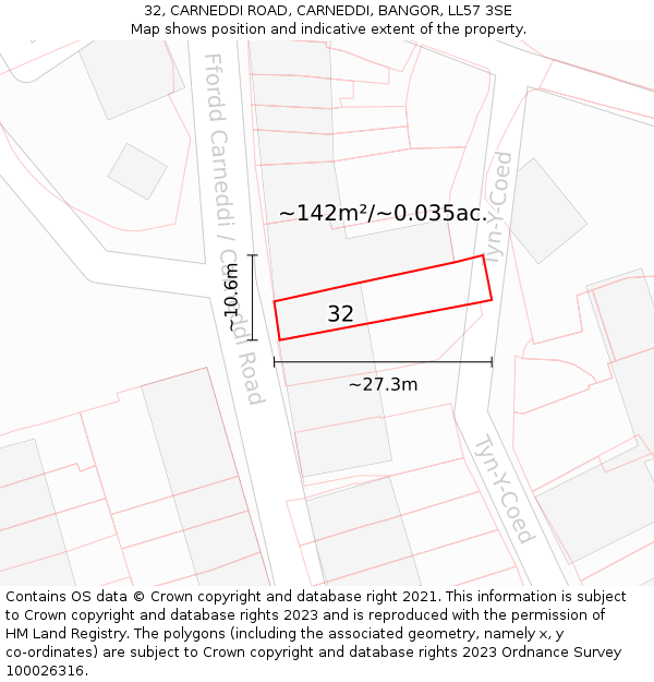 32, CARNEDDI ROAD, CARNEDDI, BANGOR, LL57 3SE: Plot and title map