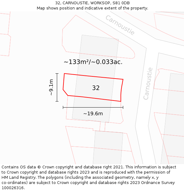 32, CARNOUSTIE, WORKSOP, S81 0DB: Plot and title map