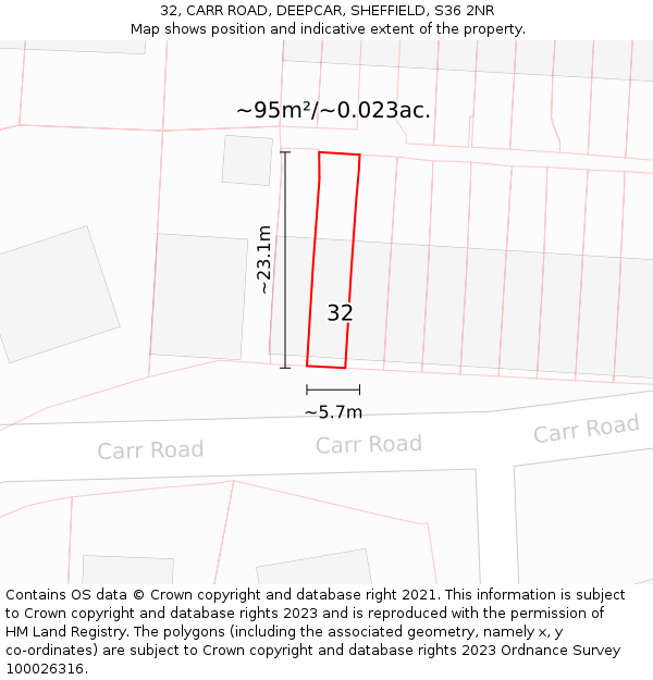 32, CARR ROAD, DEEPCAR, SHEFFIELD, S36 2NR: Plot and title map