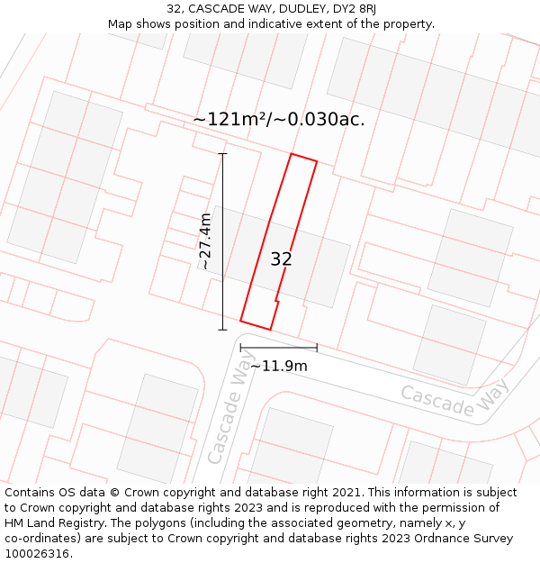 32, CASCADE WAY, DUDLEY, DY2 8RJ: Plot and title map