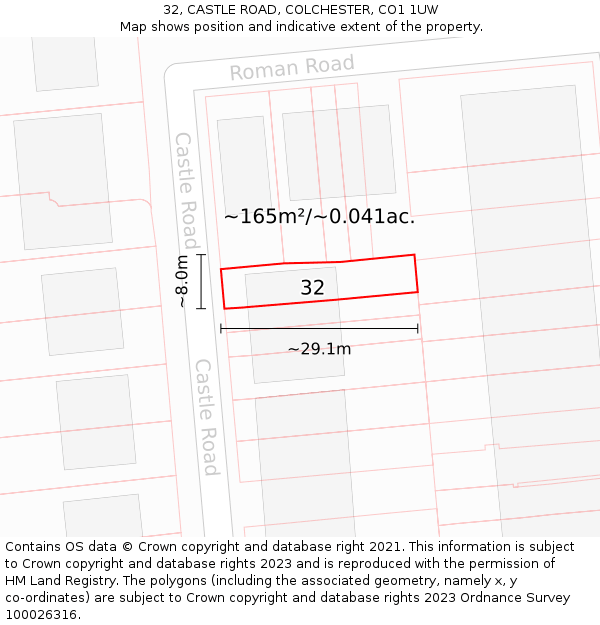 32, CASTLE ROAD, COLCHESTER, CO1 1UW: Plot and title map
