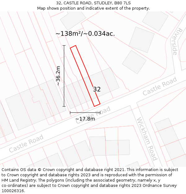 32, CASTLE ROAD, STUDLEY, B80 7LS: Plot and title map