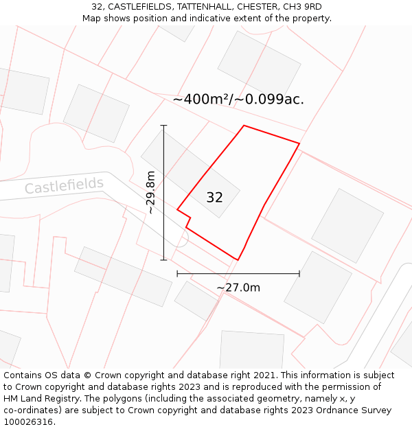 32, CASTLEFIELDS, TATTENHALL, CHESTER, CH3 9RD: Plot and title map