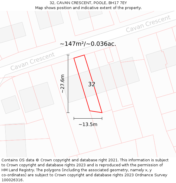 32, CAVAN CRESCENT, POOLE, BH17 7EY: Plot and title map