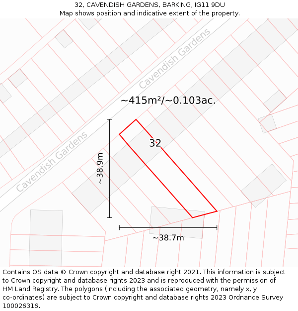 32, CAVENDISH GARDENS, BARKING, IG11 9DU: Plot and title map