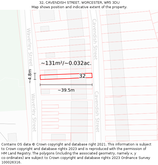 32, CAVENDISH STREET, WORCESTER, WR5 3DU: Plot and title map
