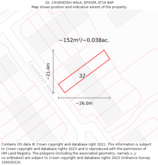 32, CAVENDISH WALK, EPSOM, KT19 8AP: Plot and title map