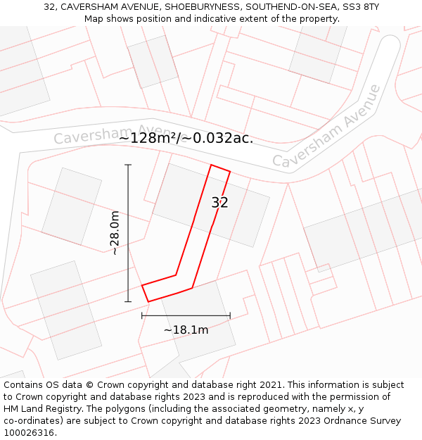 32, CAVERSHAM AVENUE, SHOEBURYNESS, SOUTHEND-ON-SEA, SS3 8TY: Plot and title map