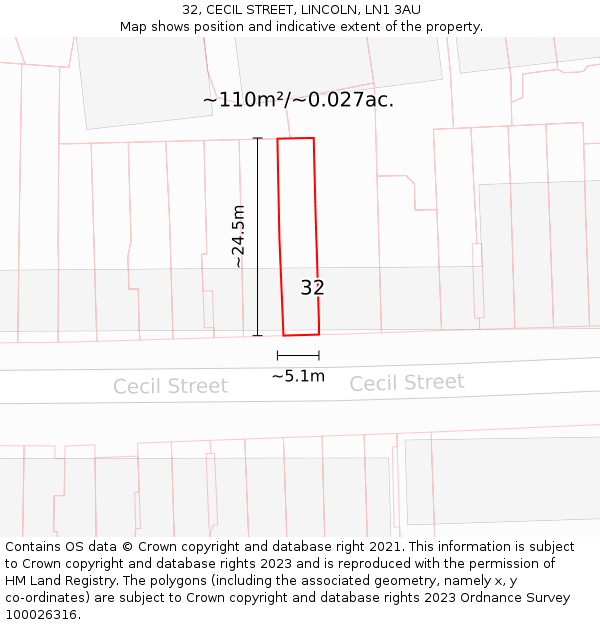 32, CECIL STREET, LINCOLN, LN1 3AU: Plot and title map