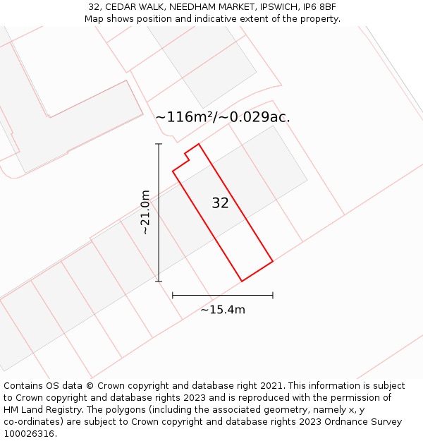 32, CEDAR WALK, NEEDHAM MARKET, IPSWICH, IP6 8BF: Plot and title map