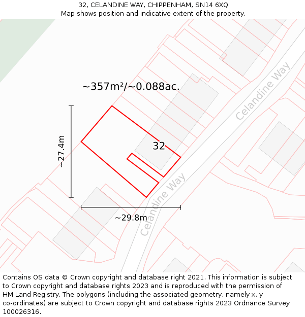 32, CELANDINE WAY, CHIPPENHAM, SN14 6XQ: Plot and title map