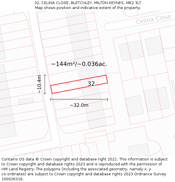 32, CELINA CLOSE, BLETCHLEY, MILTON KEYNES, MK2 3LT: Plot and title map