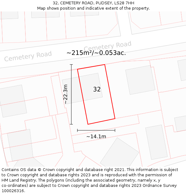 32, CEMETERY ROAD, PUDSEY, LS28 7HH: Plot and title map