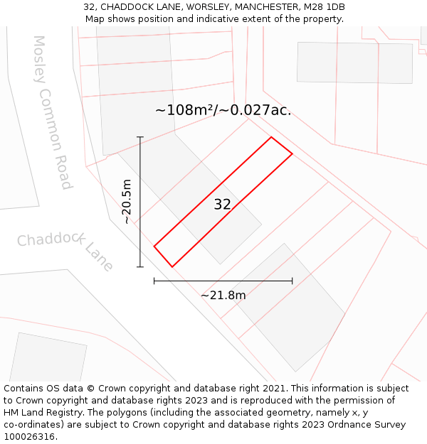 32, CHADDOCK LANE, WORSLEY, MANCHESTER, M28 1DB: Plot and title map
