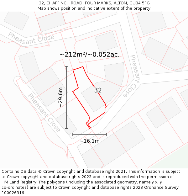 32, CHAFFINCH ROAD, FOUR MARKS, ALTON, GU34 5FG: Plot and title map