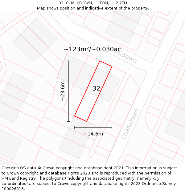 32, CHALKDOWN, LUTON, LU2 7FH: Plot and title map
