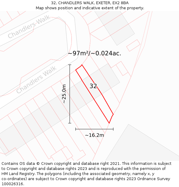 32, CHANDLERS WALK, EXETER, EX2 8BA: Plot and title map