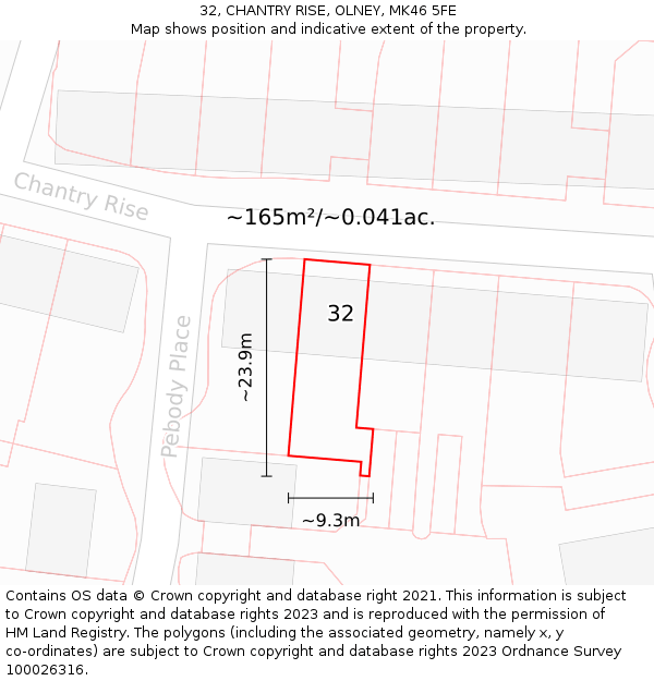 32, CHANTRY RISE, OLNEY, MK46 5FE: Plot and title map