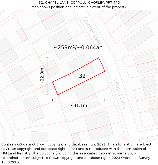 32, CHAPEL LANE, COPPULL, CHORLEY, PR7 4PQ: Plot and title map
