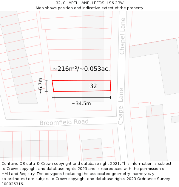 32, CHAPEL LANE, LEEDS, LS6 3BW: Plot and title map