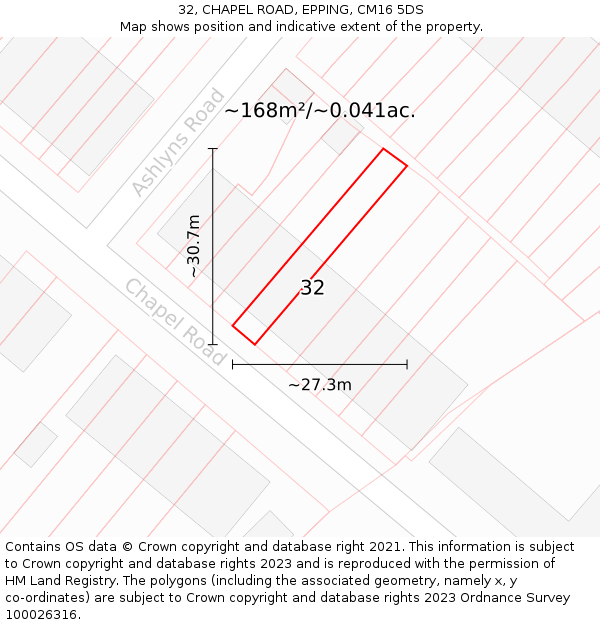 32, CHAPEL ROAD, EPPING, CM16 5DS: Plot and title map