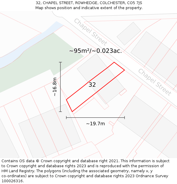 32, CHAPEL STREET, ROWHEDGE, COLCHESTER, CO5 7JS: Plot and title map