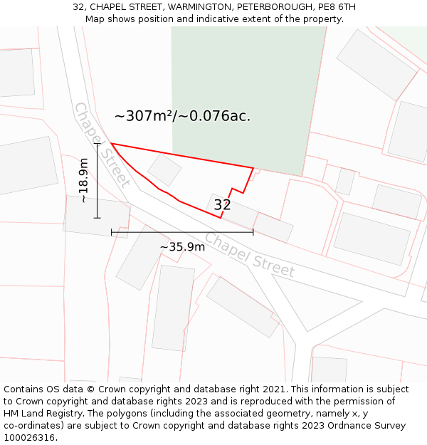 32, CHAPEL STREET, WARMINGTON, PETERBOROUGH, PE8 6TH: Plot and title map