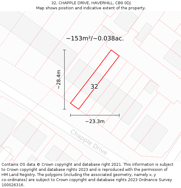 32, CHAPPLE DRIVE, HAVERHILL, CB9 0DJ: Plot and title map