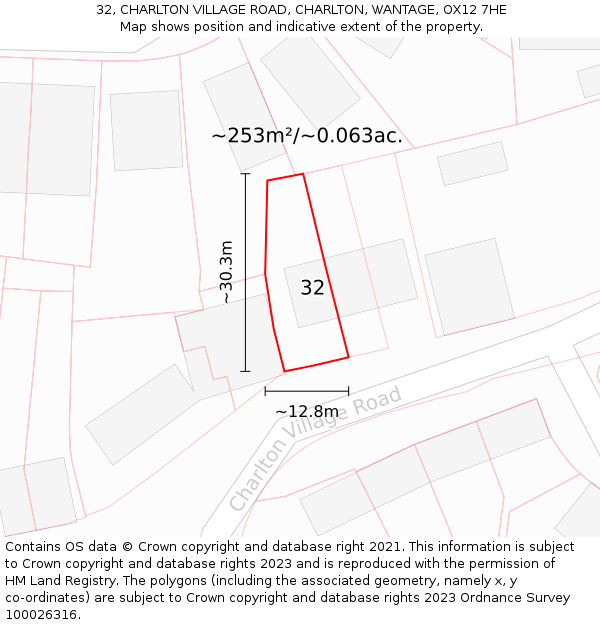 32, CHARLTON VILLAGE ROAD, CHARLTON, WANTAGE, OX12 7HE: Plot and title map