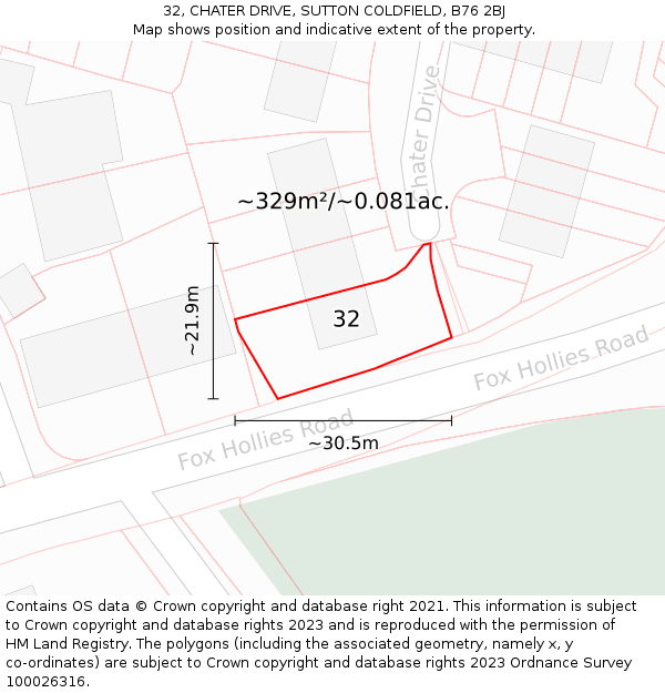 32, CHATER DRIVE, SUTTON COLDFIELD, B76 2BJ: Plot and title map