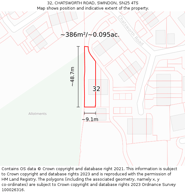 32, CHATSWORTH ROAD, SWINDON, SN25 4TS: Plot and title map