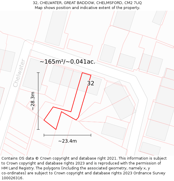 32, CHELWATER, GREAT BADDOW, CHELMSFORD, CM2 7UQ: Plot and title map