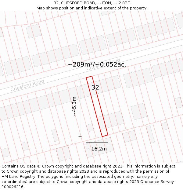 32, CHESFORD ROAD, LUTON, LU2 8BE: Plot and title map