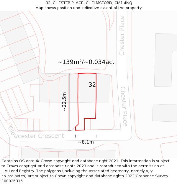 32, CHESTER PLACE, CHELMSFORD, CM1 4NQ: Plot and title map