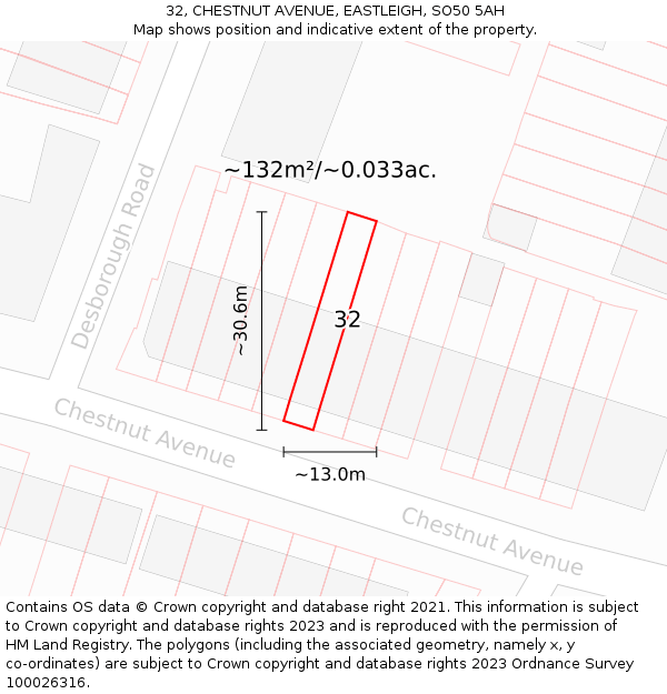 32, CHESTNUT AVENUE, EASTLEIGH, SO50 5AH: Plot and title map