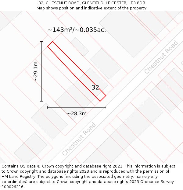 32, CHESTNUT ROAD, GLENFIELD, LEICESTER, LE3 8DB: Plot and title map