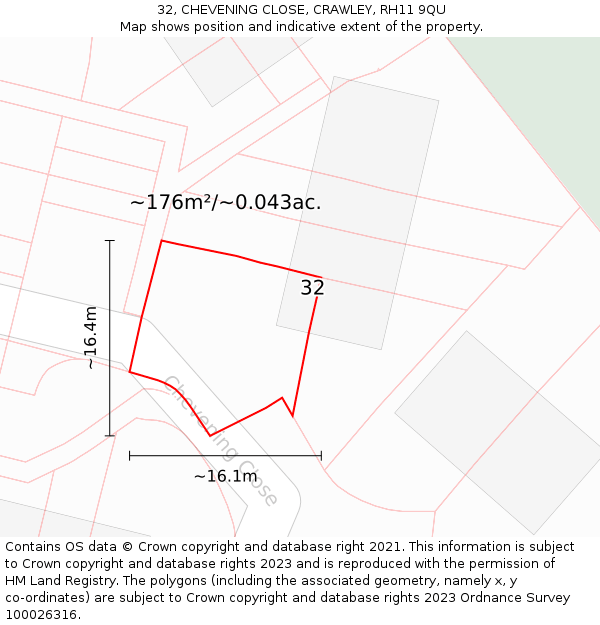 32, CHEVENING CLOSE, CRAWLEY, RH11 9QU: Plot and title map
