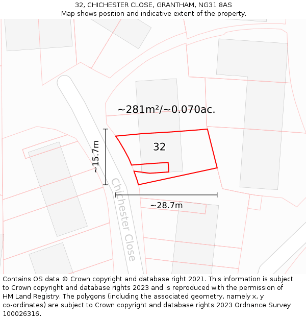 32, CHICHESTER CLOSE, GRANTHAM, NG31 8AS: Plot and title map
