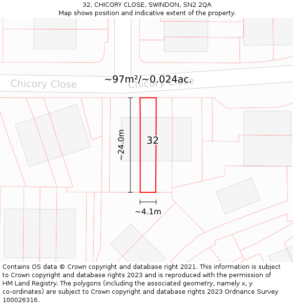 32, CHICORY CLOSE, SWINDON, SN2 2QA: Plot and title map