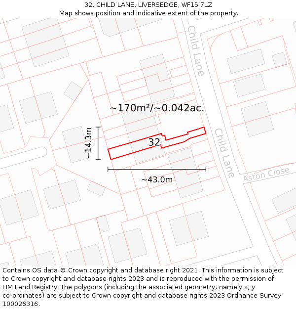 32, CHILD LANE, LIVERSEDGE, WF15 7LZ: Plot and title map