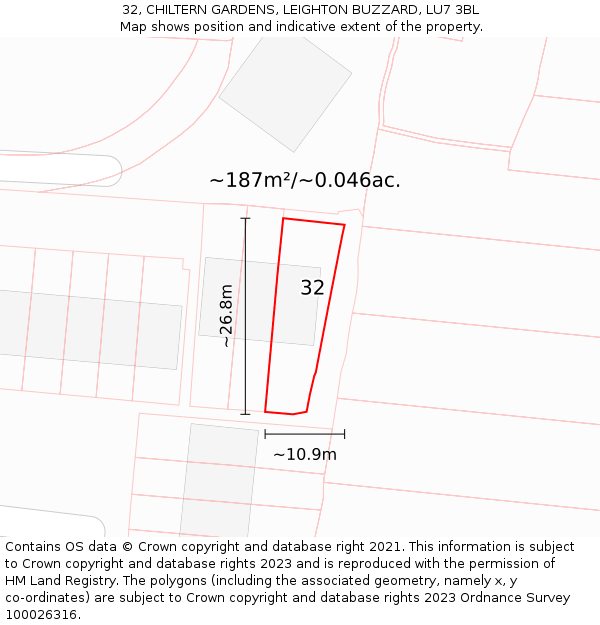 32, CHILTERN GARDENS, LEIGHTON BUZZARD, LU7 3BL: Plot and title map
