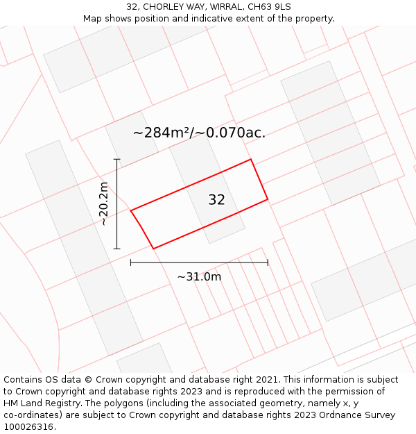 32, CHORLEY WAY, WIRRAL, CH63 9LS: Plot and title map
