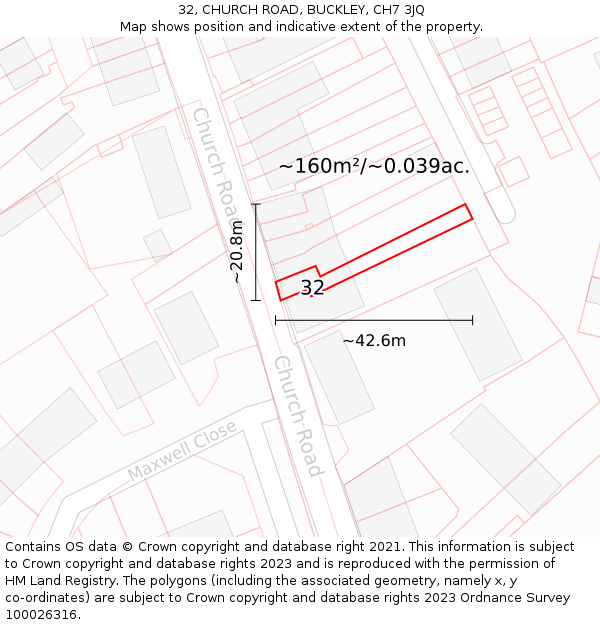 32, CHURCH ROAD, BUCKLEY, CH7 3JQ: Plot and title map