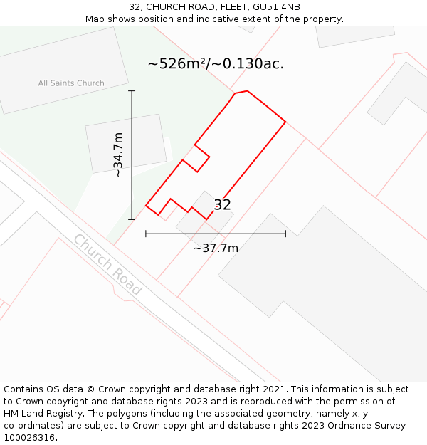 32, CHURCH ROAD, FLEET, GU51 4NB: Plot and title map