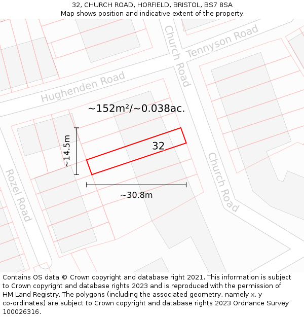32, CHURCH ROAD, HORFIELD, BRISTOL, BS7 8SA: Plot and title map