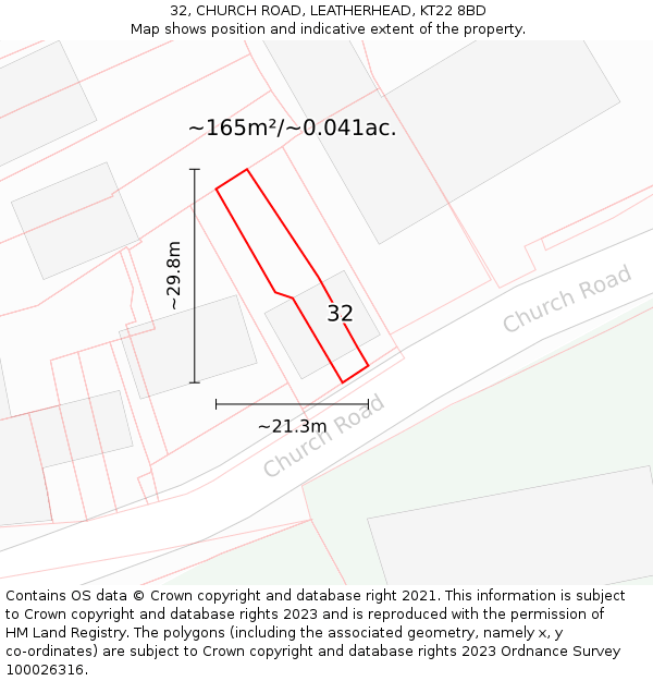 32, CHURCH ROAD, LEATHERHEAD, KT22 8BD: Plot and title map