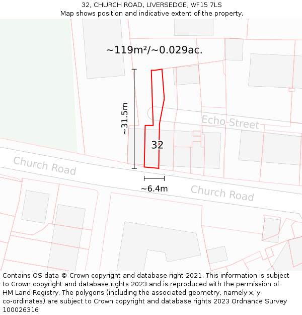 32, CHURCH ROAD, LIVERSEDGE, WF15 7LS: Plot and title map